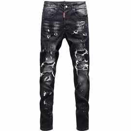 美式流行潮牌黑灰色刀割破坏牛仔裤男猫须磨白破洞弹力修身小脚裤