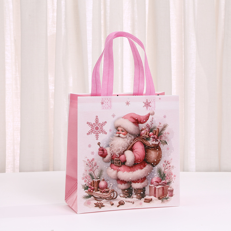 不織布ピンククリスマスプリント漫画ポータブルショッピングバッグホリデーギフト包装袋パーティーキャンディバッグ|undefined