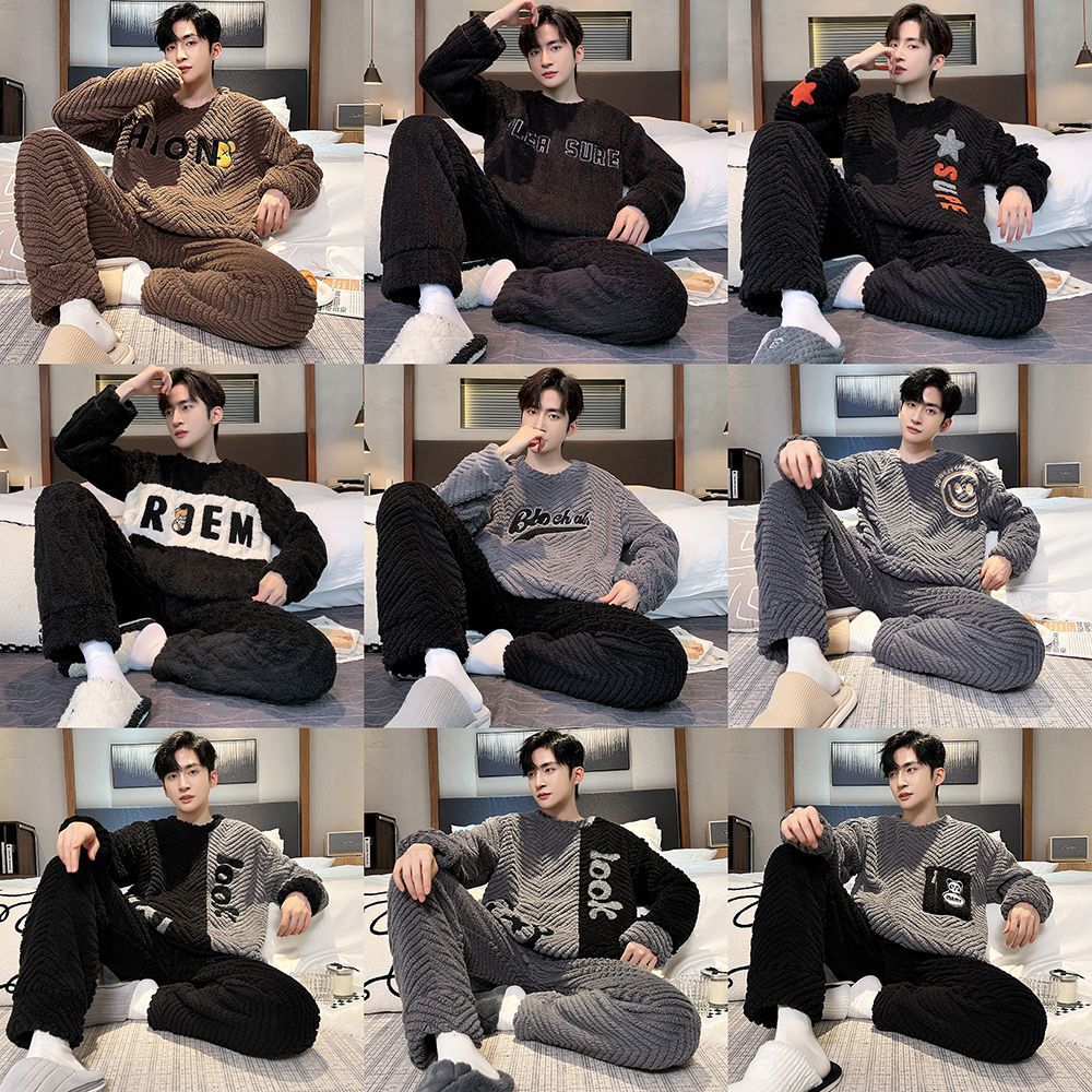 Men's Coral Velvet Pullover Fleece-Lined Thickeneded Winter Pajamas Flannel Autumn and Winter Home Wear Set Thickeneded Embroider