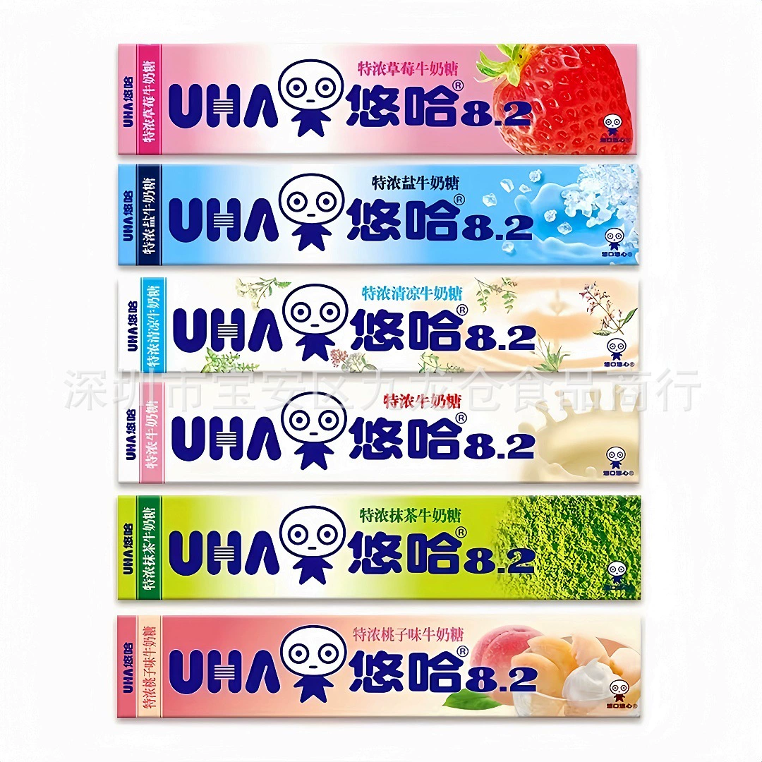 Оптовая продажа конфет UHA Yoha со вкусом 8.2 Extra Rich Milk Candy: Матча, Клубника, Белый Персик, 40 г