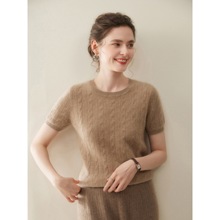 秋冬新款圆领山羊绒衫女短袖纯色简约百搭针织衫宽松显瘦毛衣上衣