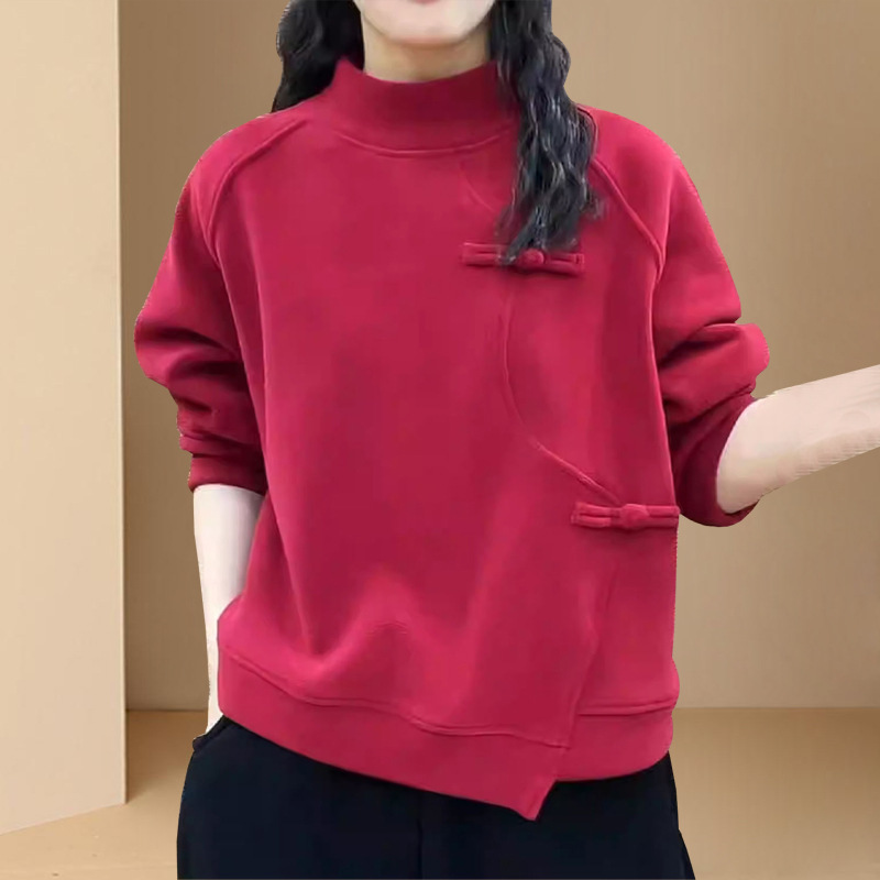 2025春と秋の新しい長袖トップス、ゆったり、シンプル、多用途、スリムでファッショナブルな女性用ハーフタートルネックボタンスウェットシャツ|undefined