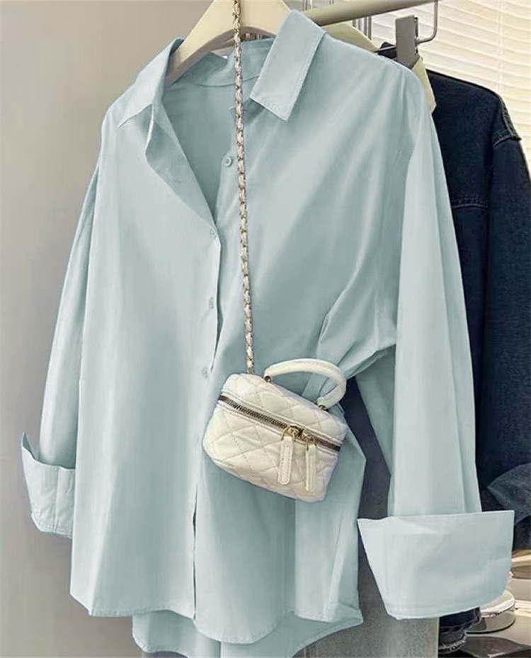 Women's Blue Shirt Elegant New Design Casual Loose Fit Long Sleeved Shirts For Layering Outerwear_ecoleips.com