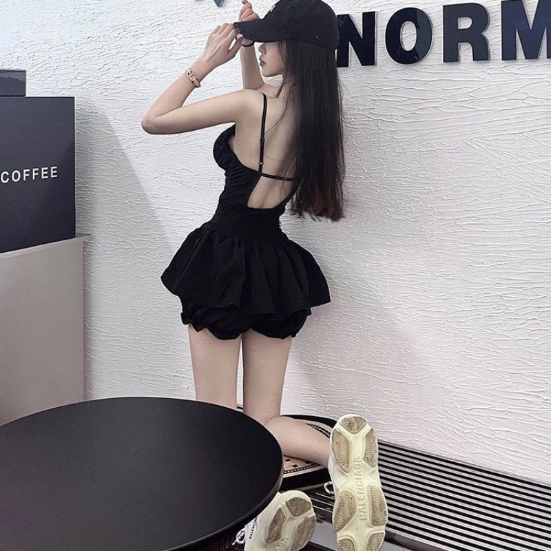 ホットガール中空バックレスウエストサスペンダーボディスーツ純粋な欲望ガーリースリムパンツスカート黒のショートスカートスーツ女性用|undefined