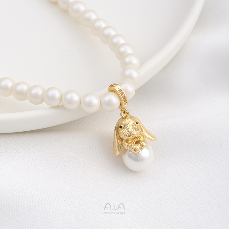 吊坠批发14K包金保色兔子长耳兔珠托扣diy手工粘水晶珍珠项链挂件