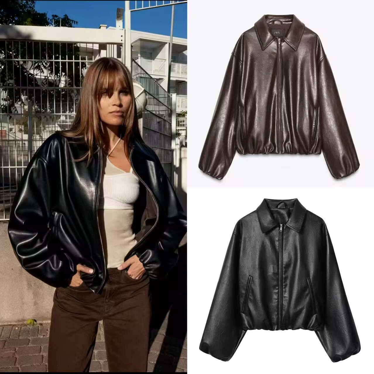 Pb&Za European and American Cross-Border Women's Autumn and Winter Street Fashion Imitation Leather Leather Lapel Bomber Jacket