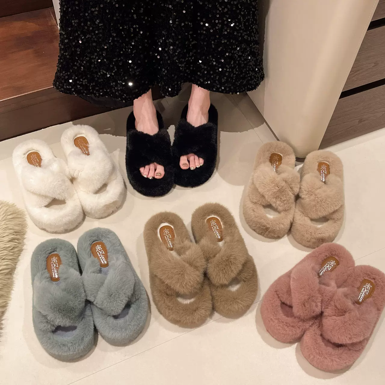 34~42码 毛毛拖鞋女外穿春家居家交叉厚底增高小个子秋冬棉拖鞋子