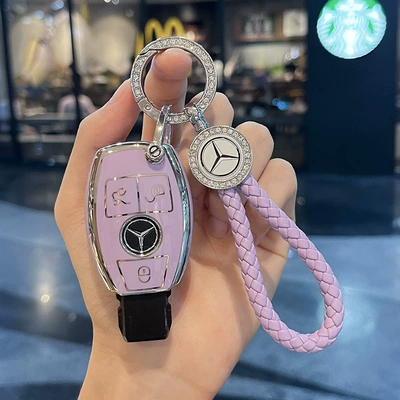 Mercedes V-Class Key Cover Vito: Car key bag - purple-key-cover-diamond-ring-rope-buckle