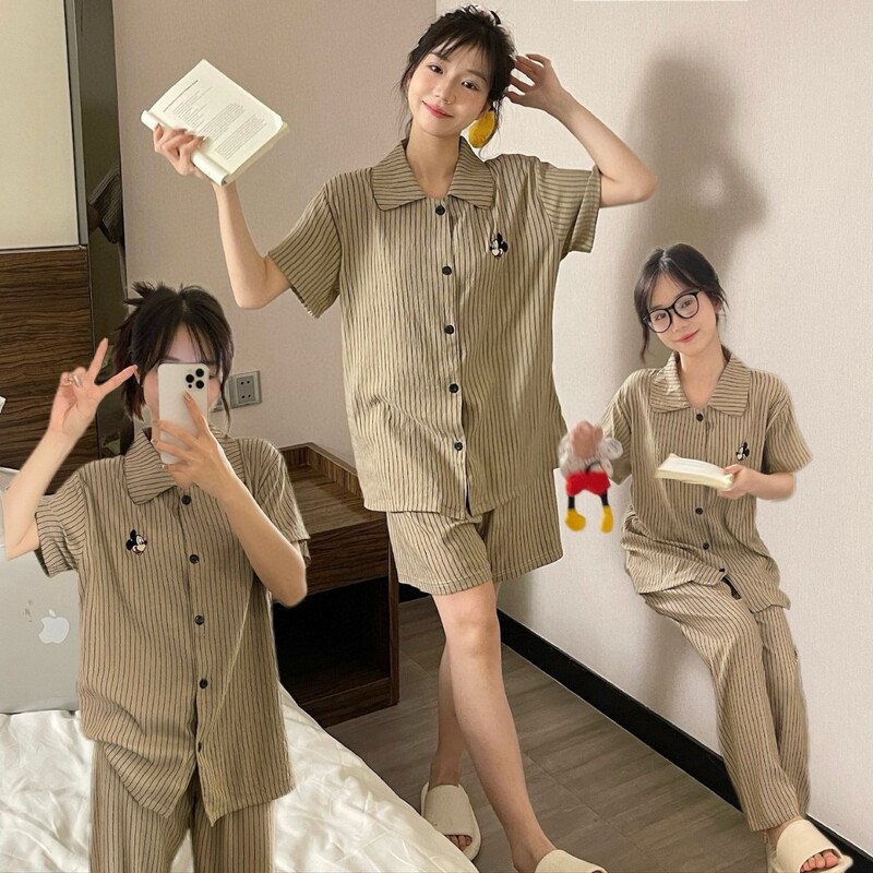 Maillard Mickey Three-Piece Korean Style Cute Cartoon Striped Cardigan Short-Sleeved Trousers Pajamas Set