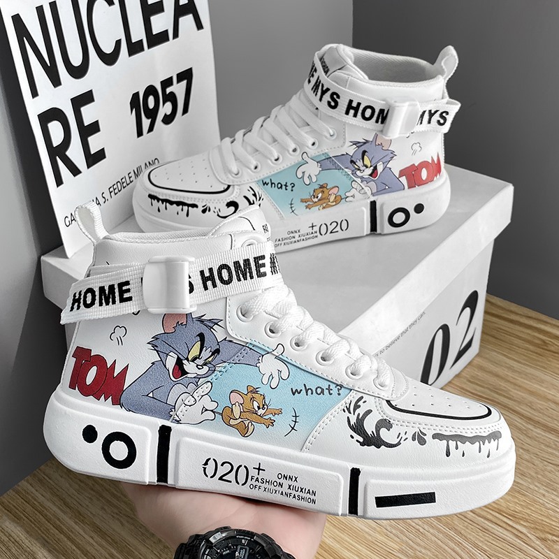 Dibujos animados de dibujos animados al por mayor gato y ratón de dibujos animados nombre conjunto Zapatos altos zapatos blancos casuales pareja estudiante deportes tablero zapatos