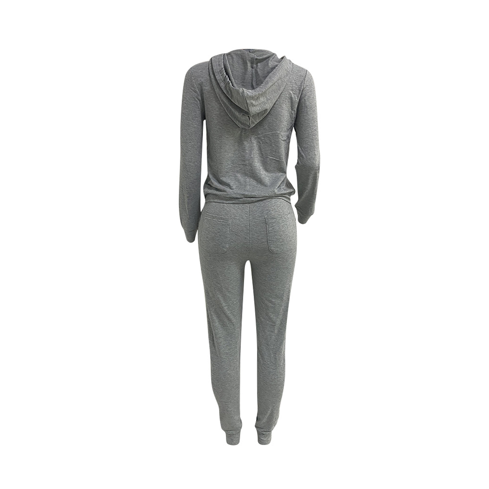 2pcs Sets Drawstring Solid Zipper Hoodies + Slim Pants