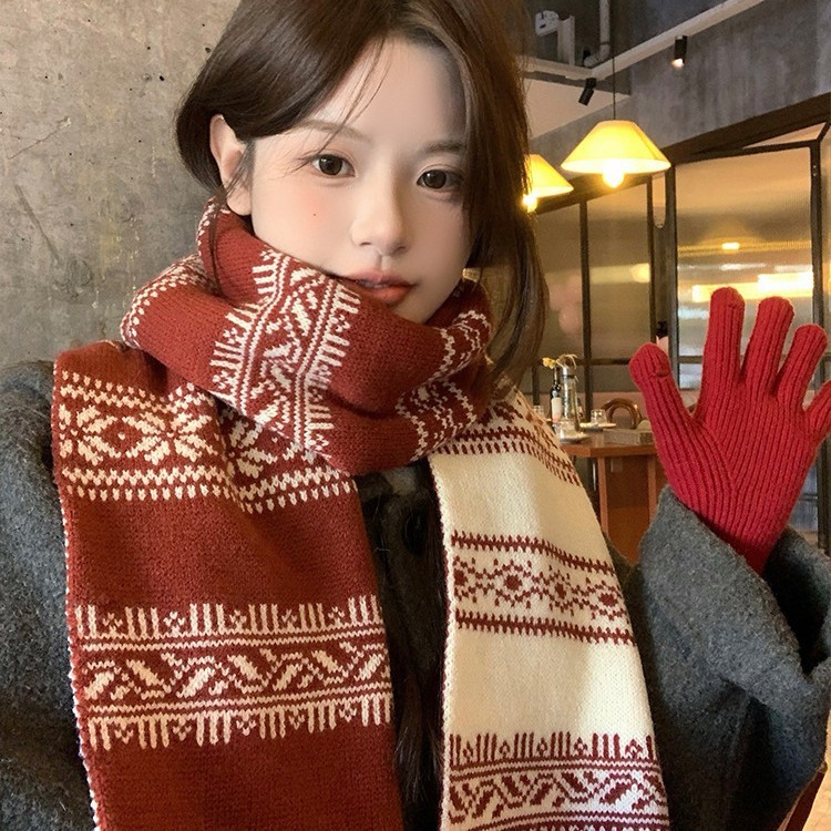 费尔岛风新年红双面针织羊绒围巾女冬季氛围感百搭披肩保暖围脖|undefined