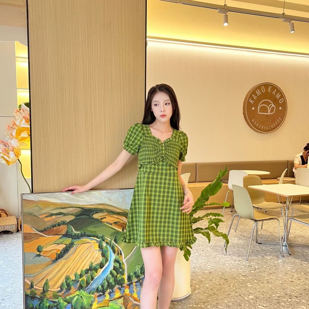 Легкое французское платье в зеленую клетку для зрелых девушек, женская летняя новая юбка с милой талией больших размеров, 2024 г.