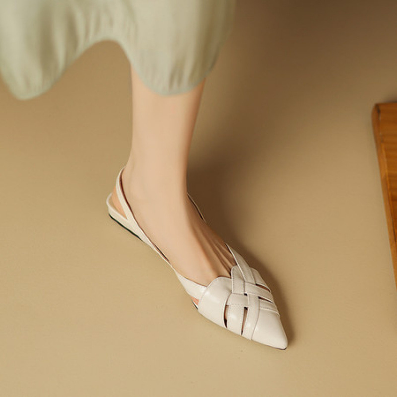 Crown & Fashion Comfortable Pointed Toe Braided Hollow Sandals for Women, Pointed Toe Strap Flat Shoes, Elegant and Feminine