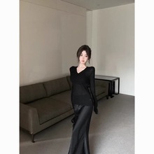 辣妹套装长袖领针织衫女秋冬显瘦内搭打底衫上衣修身包臀半身裙