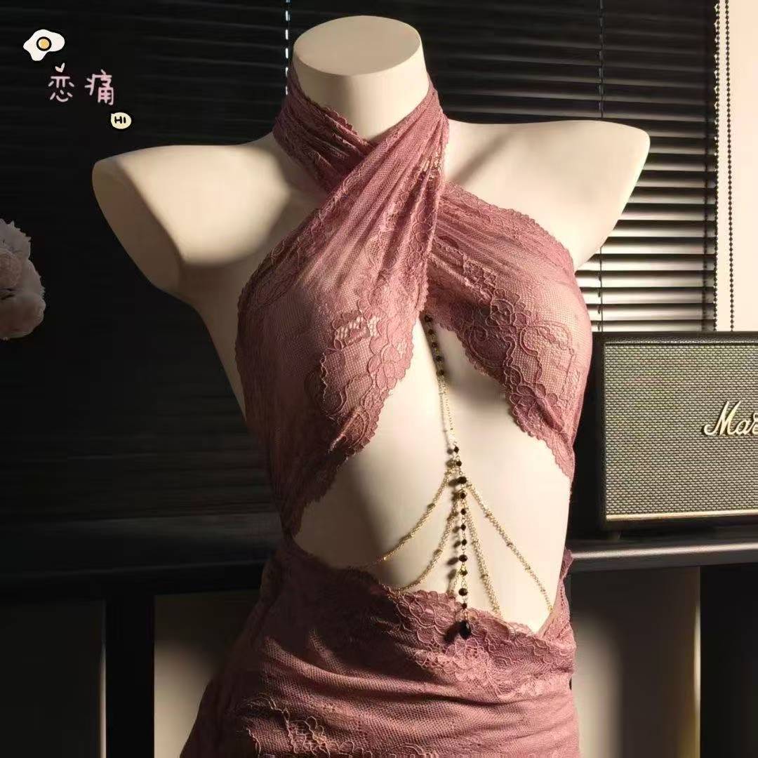 Halter-neck Sheer Lace Bodycon Lingerie Dress with Beaded Chain Detail — detail image 3