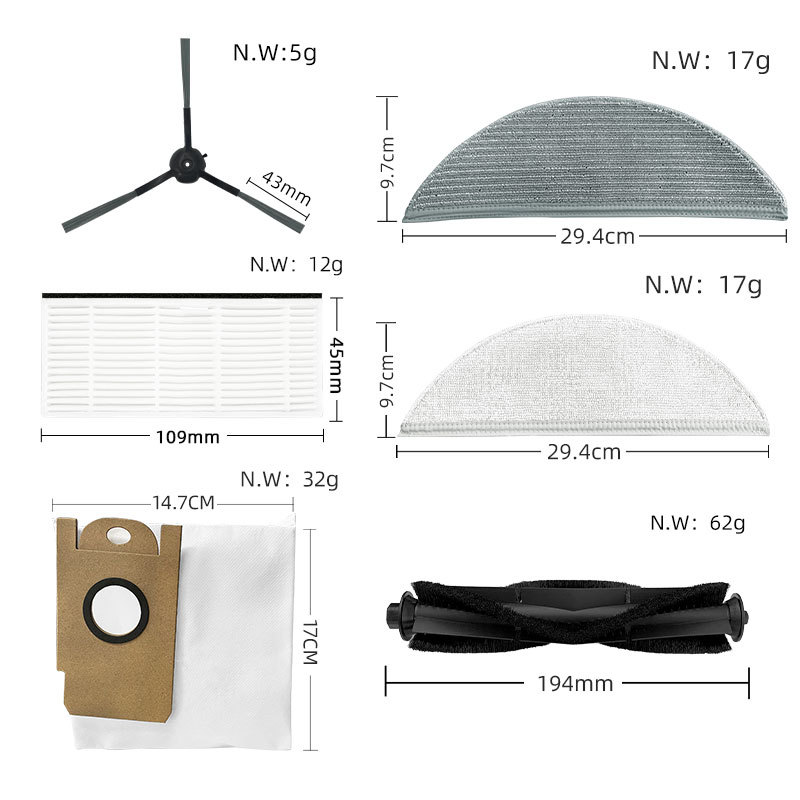 Compatible Lydsto All-in-One Mopping and Sweeping Robot Accessories: R1 Cloth, Main Brush, Roller Brush, Filter Mesh, Side Brushes, and Dust Collection Bags