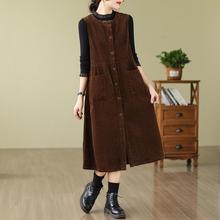 秋冬纯色休闲灯芯绒背心裙复古口袋开衫连衣裙洋气长裙女