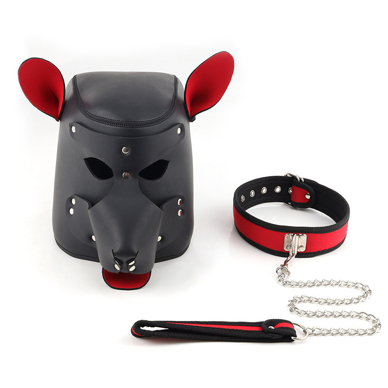Leather Dog Head Mask with Purple Ears, Human K9 Costume Headgear — detail image 30