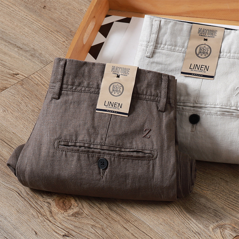 100 Pure Linen Pants Summer Thin Brown High-grade Business Breathable Men's Loose Straight Casual Pants