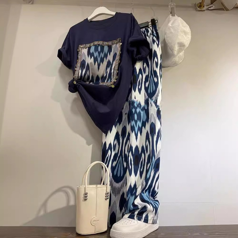New wide-leg pants high waist draping trousers + vintage printed short-sleeved T-shirt women's summer casual fashion two-piece suit