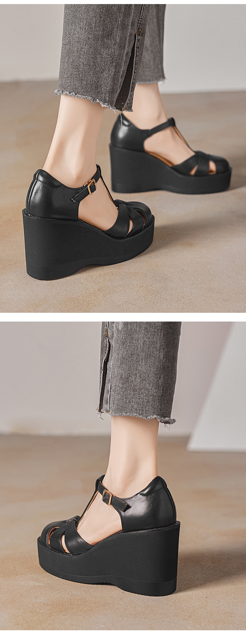 Sandal nữ cao gót đế dày 9.5 cm quai ngang khóa T — đen chi tiết 4