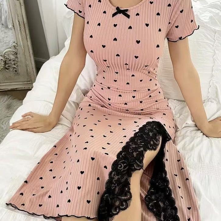 2025 New Home Love Short Sleeve Nightgown Round Neck Dress Casual Printed Women's Long Dress