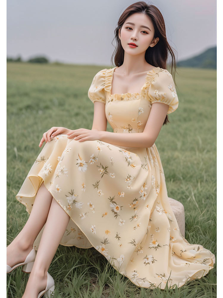 Váy liền hoa vàng tay bồng chít eo phong cách Pháp — Màu vàng chi tiết 4