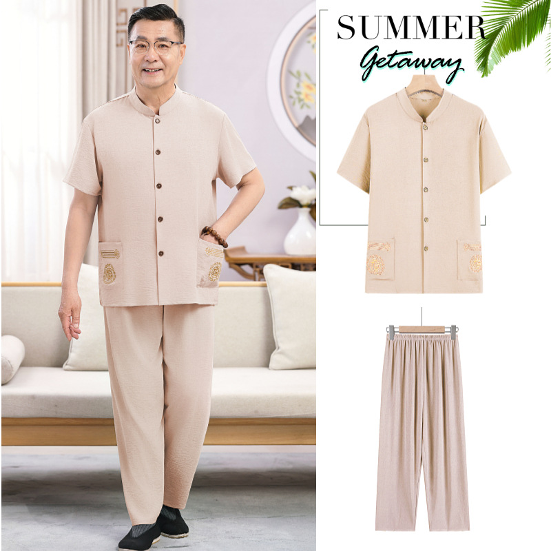 Summer Tang Suit Men's Suit Middle-aged and Elderly Short-sleeved Cardigan Chinese Style Dad Suit Summer Suit Father Grandpa Old Man Clothes