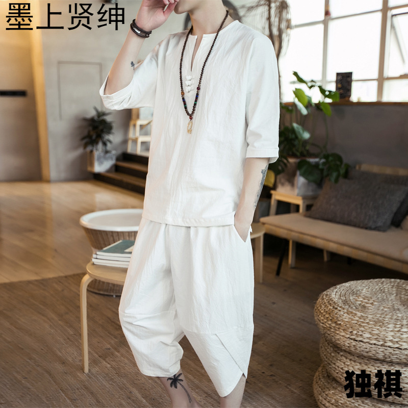 Traje de estilo chino 2022 nuevos hombres de manga tres cuartos traje de algodón y lino pantalones recortados con hebilla de disco traje casual de color sólido de moda