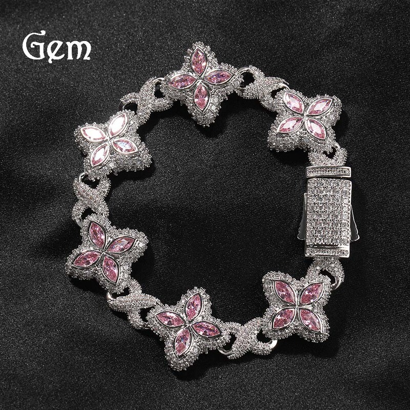 Hip-Hop Rap Chain Infinite Four-Leaf Clover Bracelet Fashionable Trendy Cool Handsome High-End 5A Zircon Colorful Necklace Jewelry