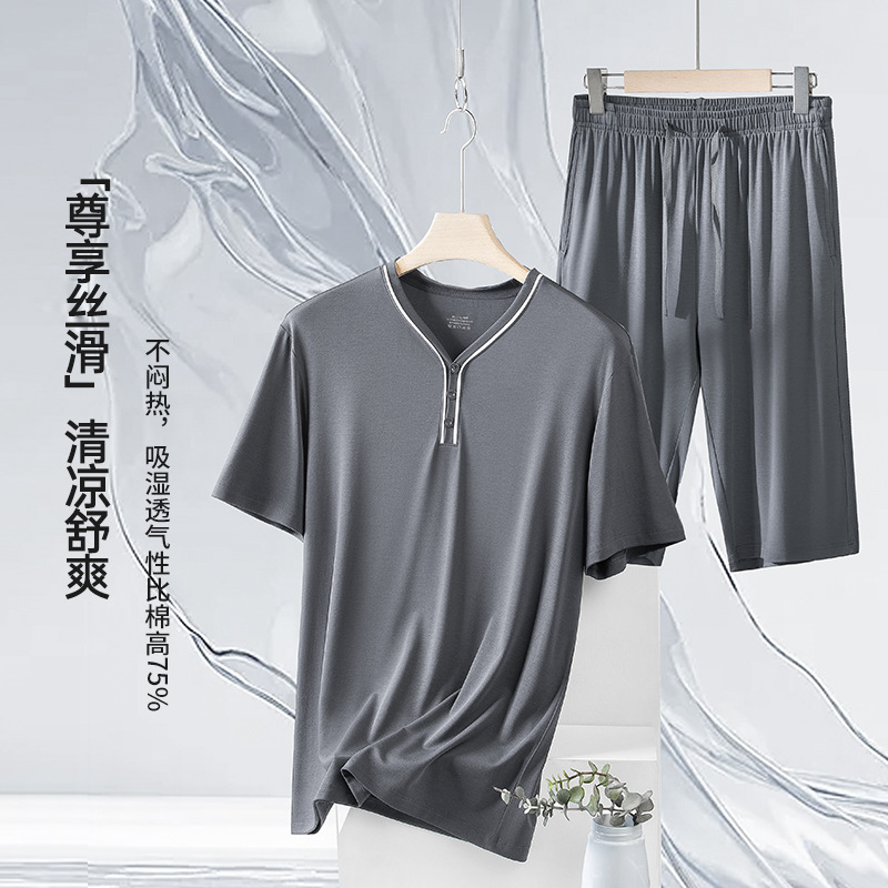 [Mismo estilo en mostrador] Conjunto de pijama de pantalones cortos finos de manga corta para hombre, modal de doble cara, primavera y verano, 80 unidades