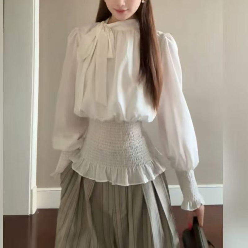 Qianyu Korean-Style White Lace-Up Long-Sleeve Shirt for Women, Early Spring Waist-Cinching Slim-Fit, Super Flattering for Petite Figures, Pure Desire Top