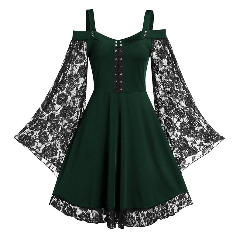 Foreign Trade One-Shoulder Literary Retro Dress European and American Lace Splicing Trumpet Sleeves Christmas Halloween Women's Clothing