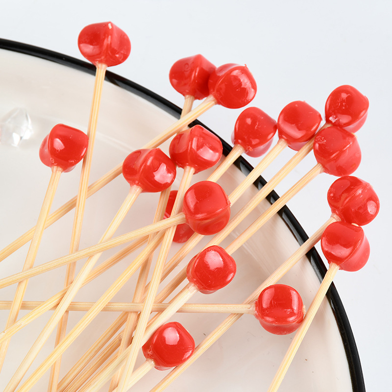 Tenedor de fruta desechable cuentas rojas barra de vino de bambú de lujo hamburguesas pastel de fruta tenedor de fruta creativo
