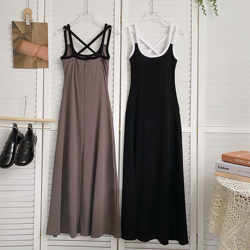 콘트라스트 더블 숄더 벨트 조끼 원피스 여자 봄 새 한국식 슬림핏 슬리밍 가슴 패드와 함께 올매치 롱 원피스