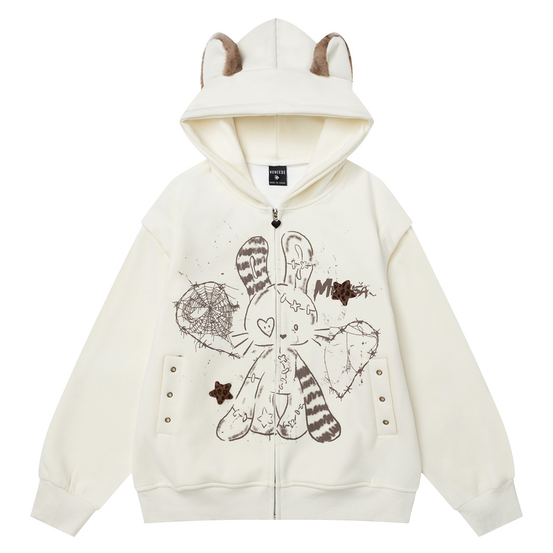 cuwu卡通二次元兔子猫耳朵连帽卫衣女男春季宽松显瘦拉链开衫外套
