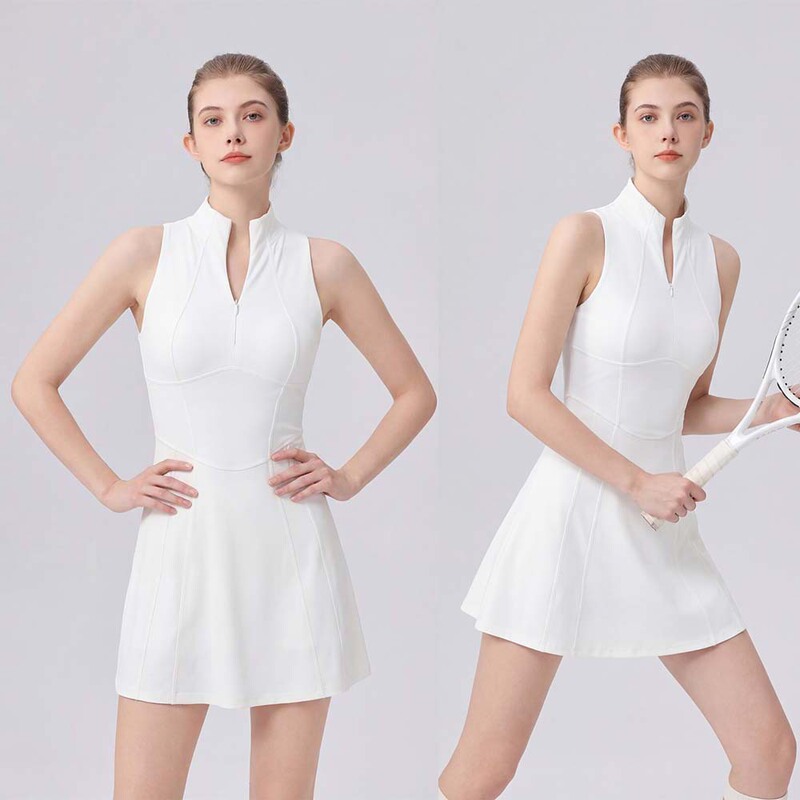 Small Stand-Up Collar Zippered Sleeveless Tennis Dress Set, Anti-Exposure, Elastic, Quick-Dry Sports Skirt with Chest Pads, Tennis Skirt Small Stand-Up Collar Zippered Sleeveless Tennis Dress Set, Anti-Exposure, Elastic, Quick-Dry Sports Skirt with Chest Pads, Tennis Skirt