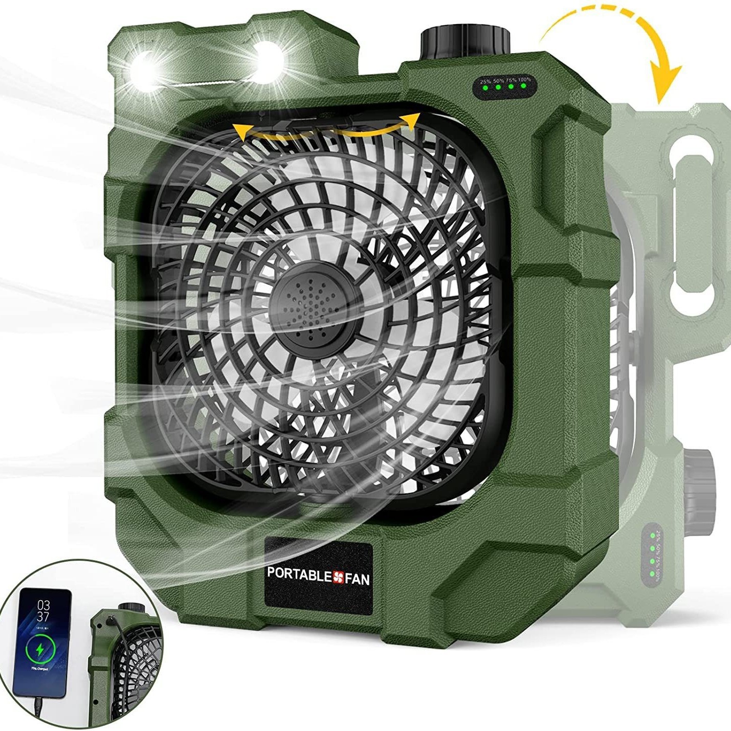 Ventilador de camping transfronterizo portátil sacudiendo la cabeza ventilador USB carga pequeño ventilador