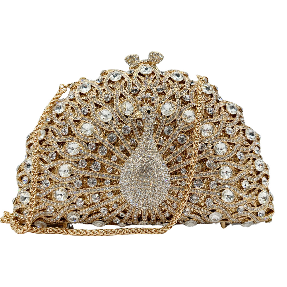 Túi clutch nữ đính đá hình con công rỗng dạ hội — Đen xanh lục, Xanh vàng, Nền vàng kim cương trắng, Vàng hồng chi tiết 11