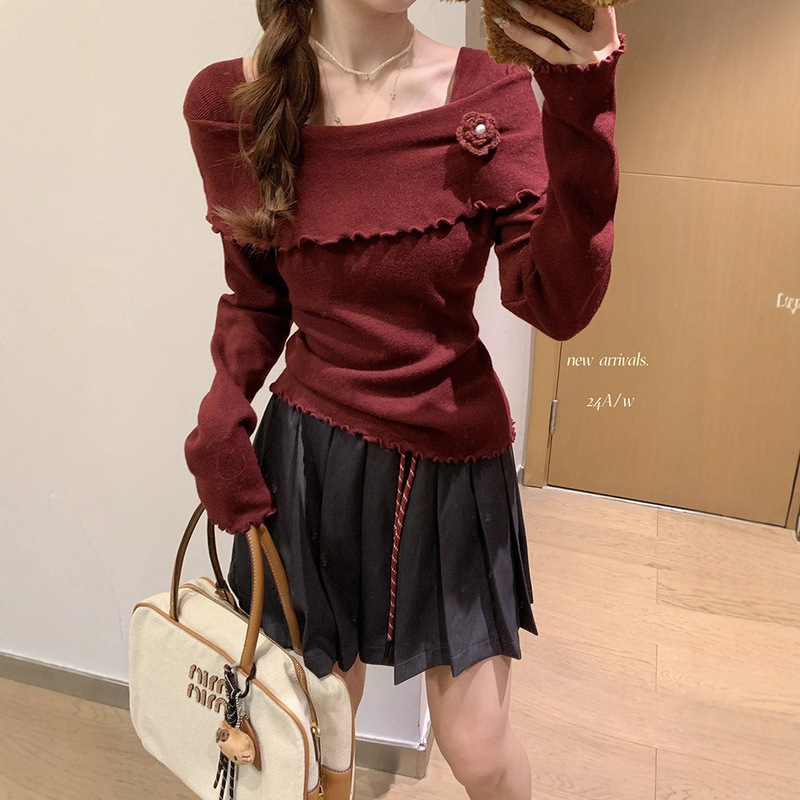 Ankora Christmas Red One-Shoulder Knitwear Long-Sleeved Women's Autumn and Winter Slim-Fitting Bottoming Shirt Top
