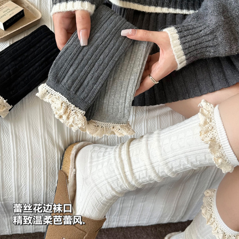 白色袜子女ins潮蕾丝花边袜口小腿袜棉质吸汗透气弹力无骨长筒袜|undefined