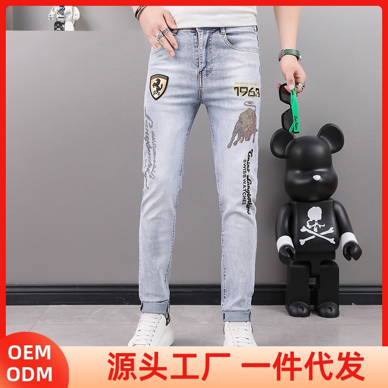 European Summer Thin Men's Jeans with Gold Bull Rhinestone Embroidery, Tiktok Influencer Style, Stretchy Slim Fit Skinny Pants