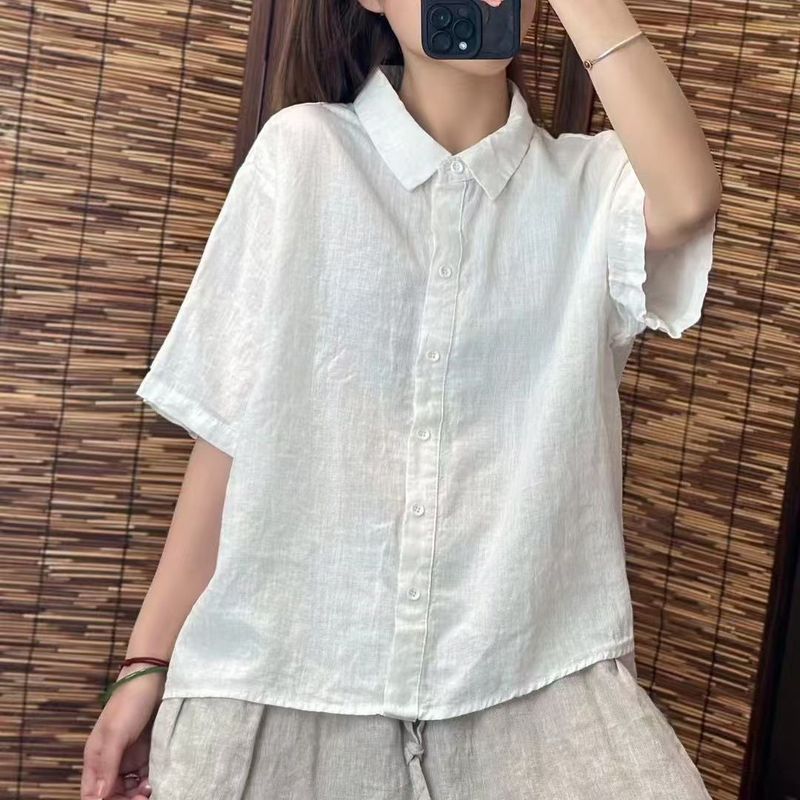 棉麻衬衫女夏季新款文艺复古风气质通勤纯色百搭翻领宽松短袖上衣|undefined