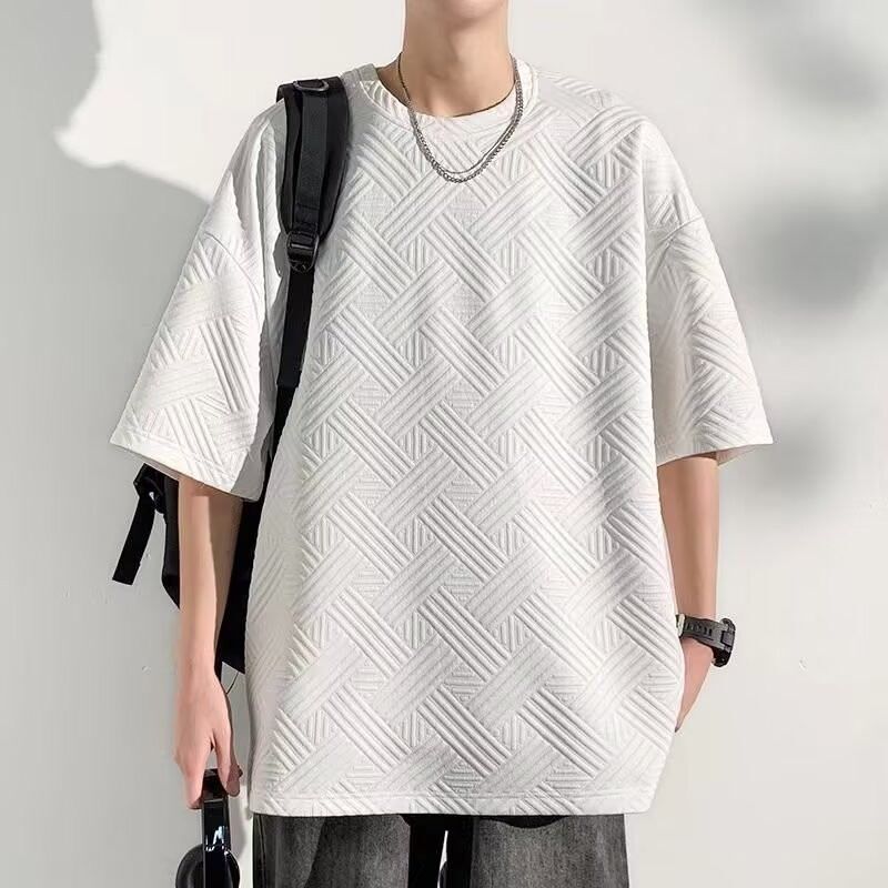 新しいジャカード半袖Tシャツメンズ2025夏トレンディハンサムイン多用途ルーズテクスチャードラウンドネックハーフスリーブ|undefined