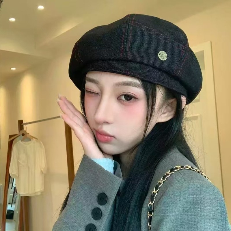 韩版时尚金属标牛仔贝雷帽子女春夏复古画家南瓜帽显脸小八角帽子|undefined