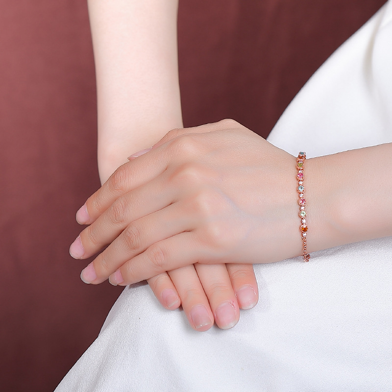 Vòng tay bạc S925 mạ vàng hồng đính tourmaline hạt tròn hình học — Một mảnh (tourmaline màu ngẫu nhiên)