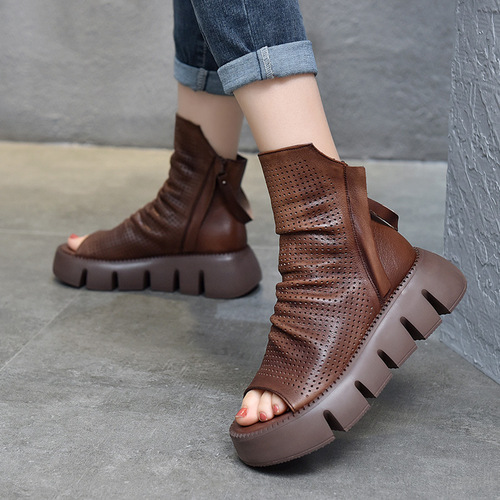 【】Tiannige original fashion thick-soled platform shoes cowhide sandals genuine leather hole shoes fish mouth women's shoes