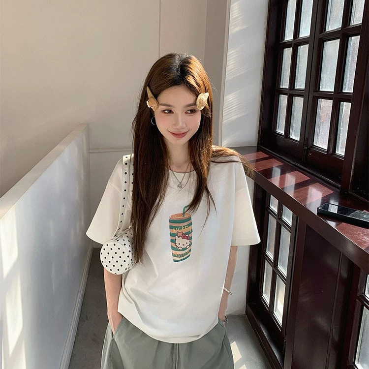 Cute Cartoon Kt Milk Tea Cup Print Loose T-Shirt for Women, Casual Versatile Mid-Length Short-Sleeved Pure Cotton Round Neck Top Cute Cartoon Kt Milk Tea Cup Print Loose T-Shirt for Women, Casual Versatile Mid-Length Short-Sleeved Pure Cotton Round Neck Top