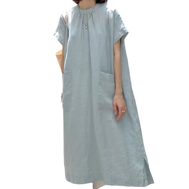2024 Summer New Japanese French Elegant Lazy Large Pocket Round Neck Dress Artistic Style Long Robe_ecoleips.com